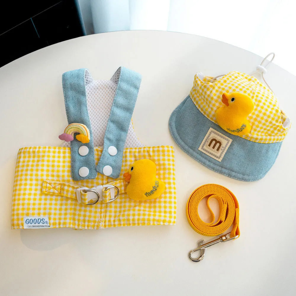 Pet harness and leash set with wire pulling rope and cute hat for dogs and cats