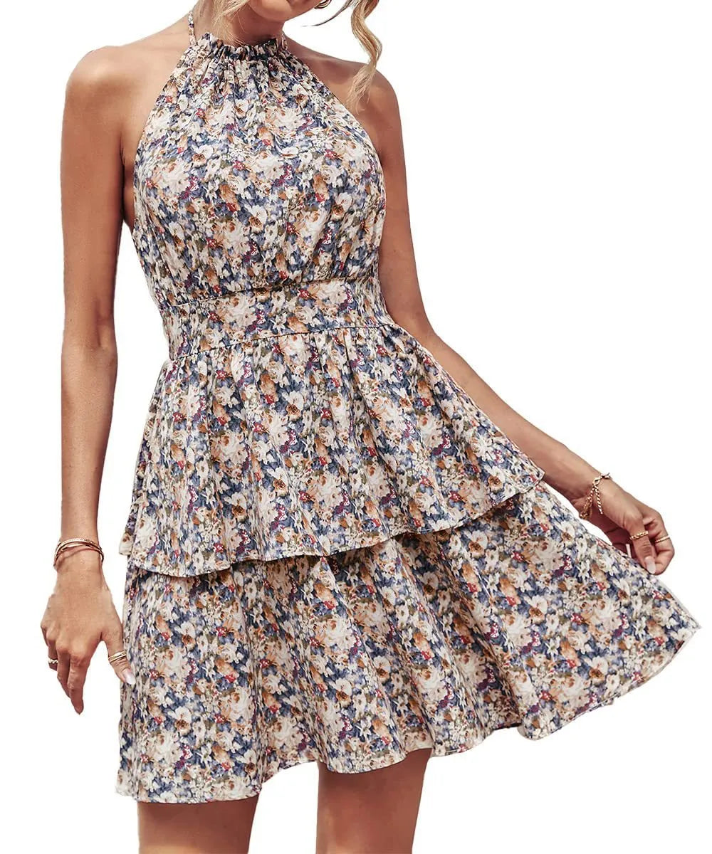 Women's summer halter dress with backless design, A-line silhouette and ruffle detailing in apricot red colour