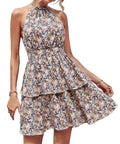 Women's summer halter dress with backless design, A-line silhouette and ruffle detailing in apricot red colour