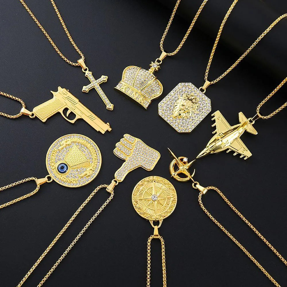 Gold-coloured geometric pendant necklace with inlaid zircon stones for women