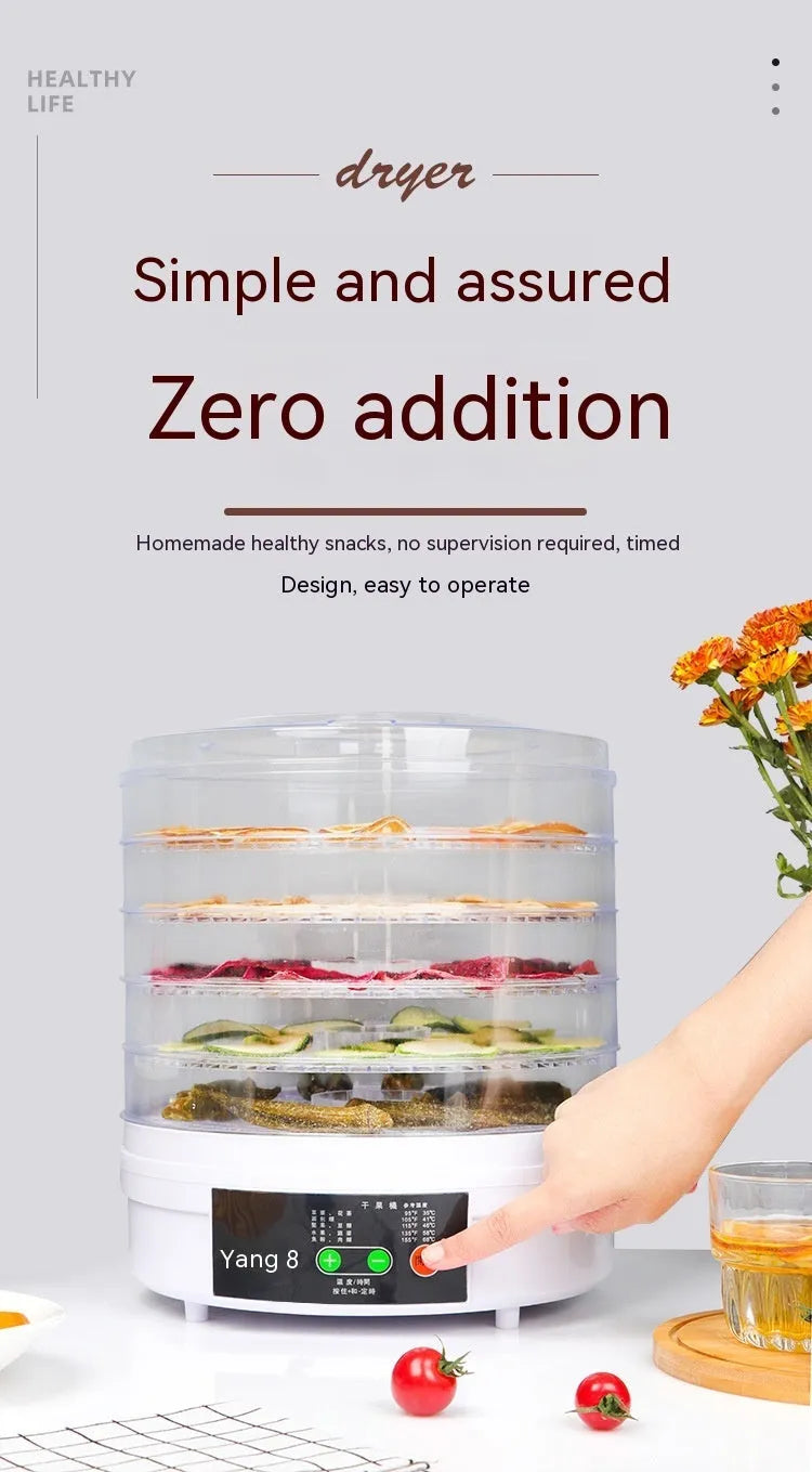 Five-tray household fruit dehydrator with removable shelves on kitchen counter