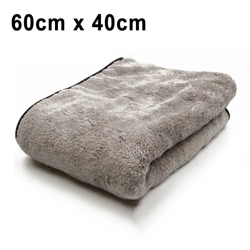 Microfibre car wash towel showing 75x35cm, 60x40cm and 100x40cm size options for vehicle cleaning