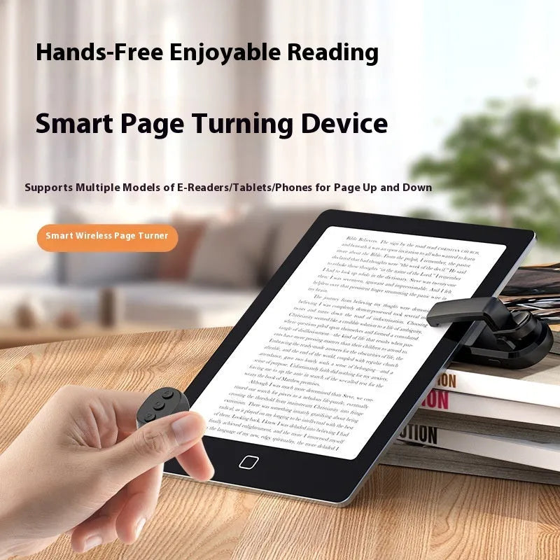 Wireless page turner remote control with clicker for e-readers and tablets in black, white, or pink colours.