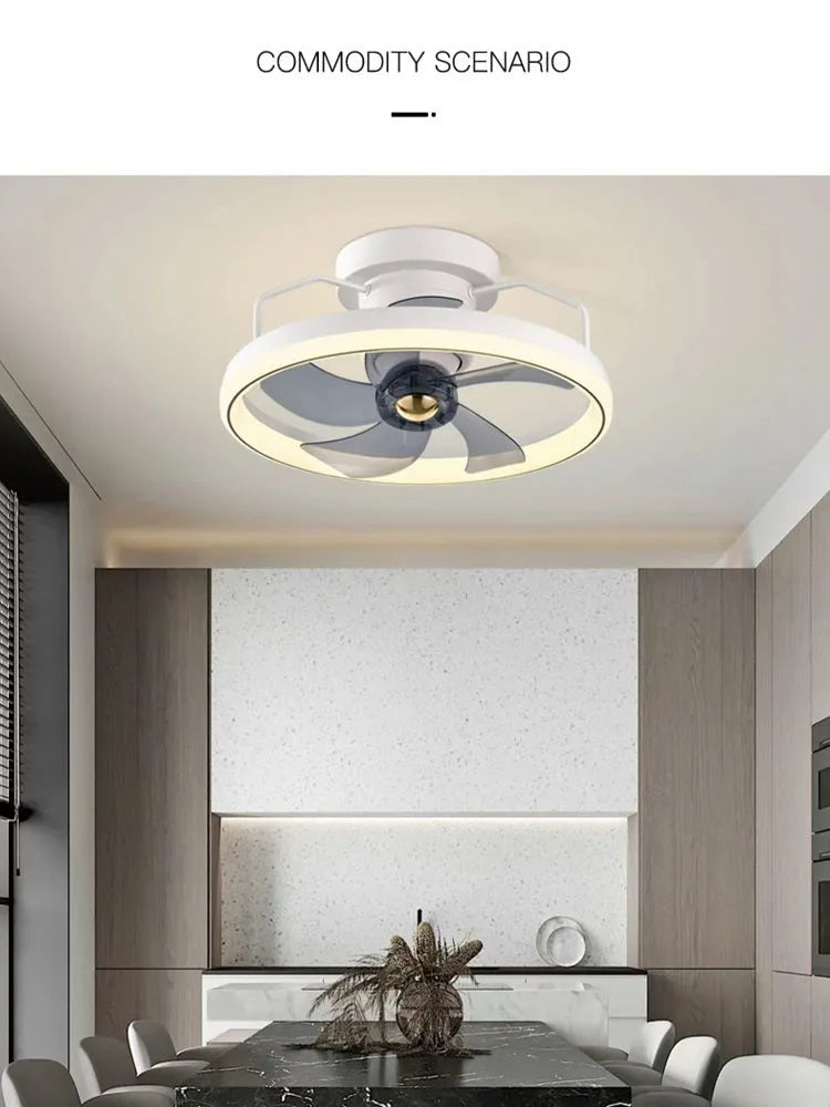 Modern simple style white ceiling fan lamp with integrated light and acrylic shade.