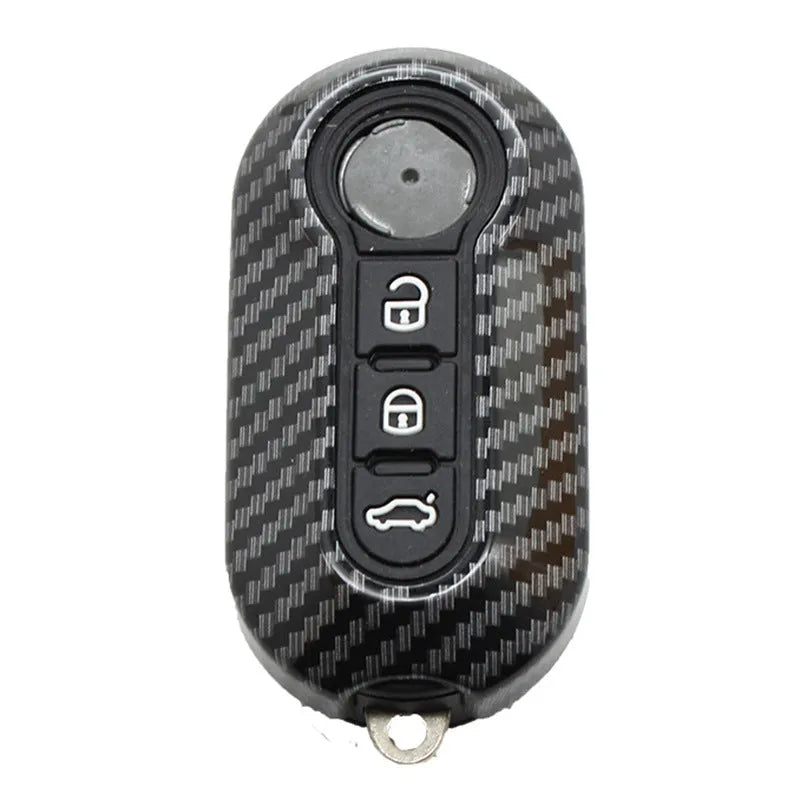 Fiat 500 car key replacement case in black, red, and dark blue colours showing carbon fibre pattern