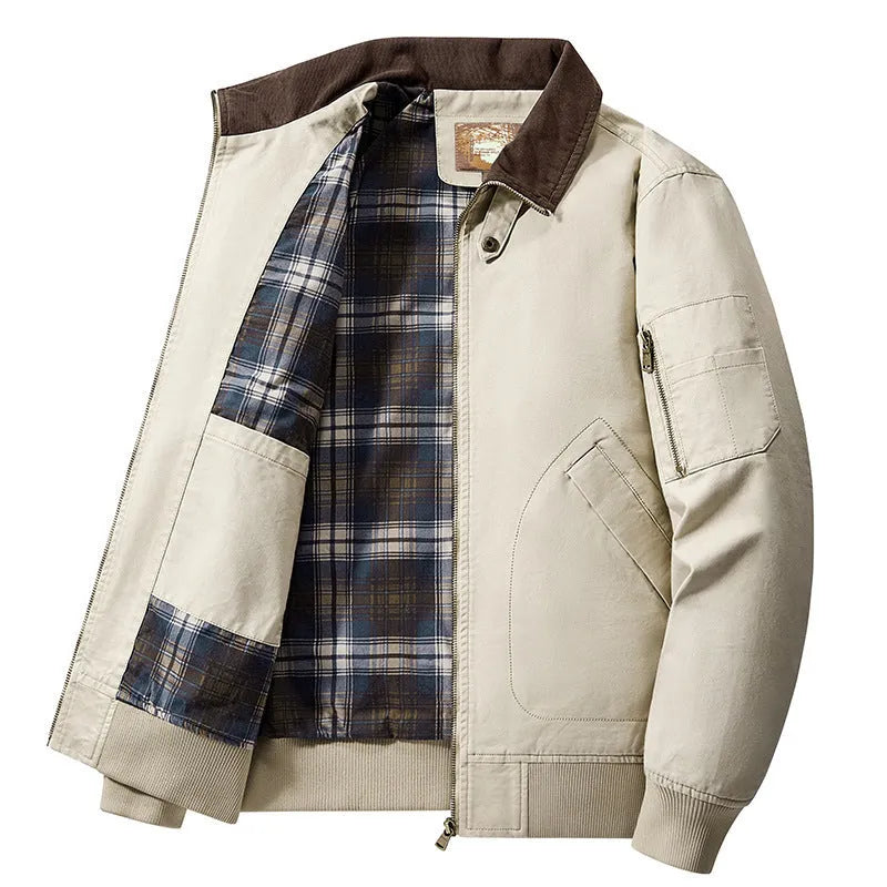 Men's plus size washed cotton flight jacket in camel colour on a hanger.