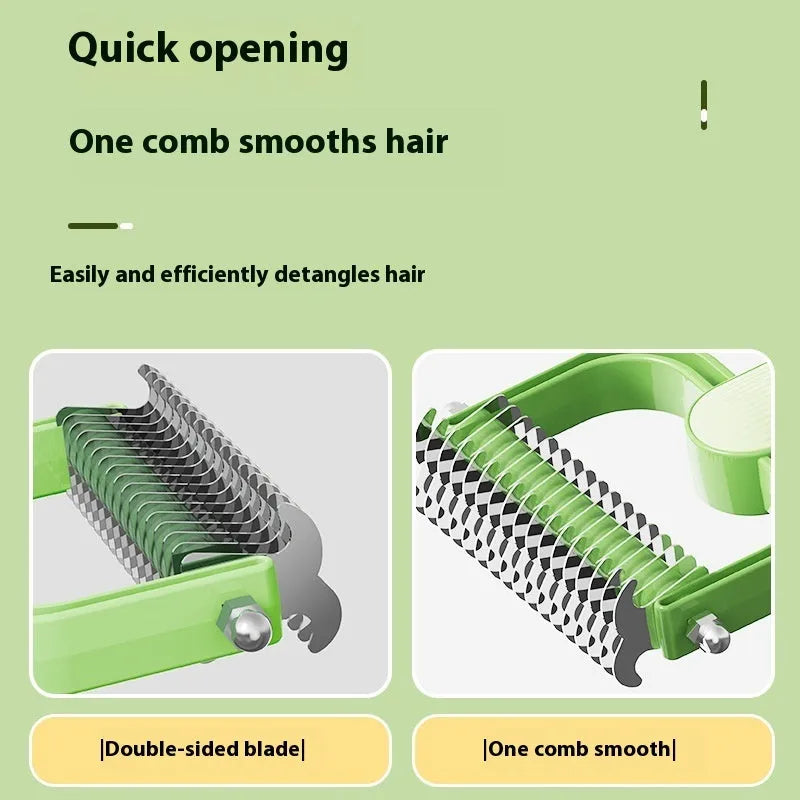 Green and grey dog unknotting comb with PP handle and stainless steel teeth, shown in large and small sizes.