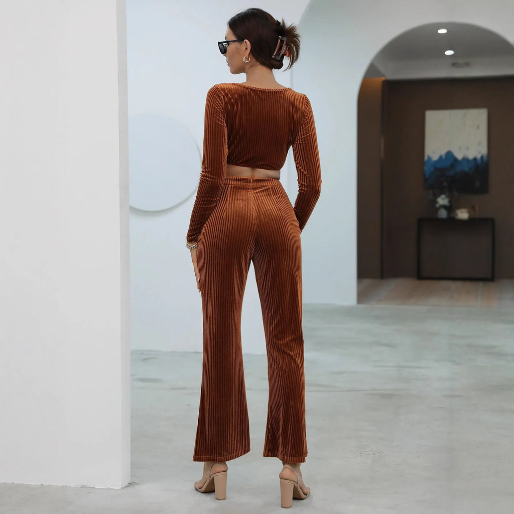 Caramel-coloured long sleeve sweater set with matching top and trousers on hanger