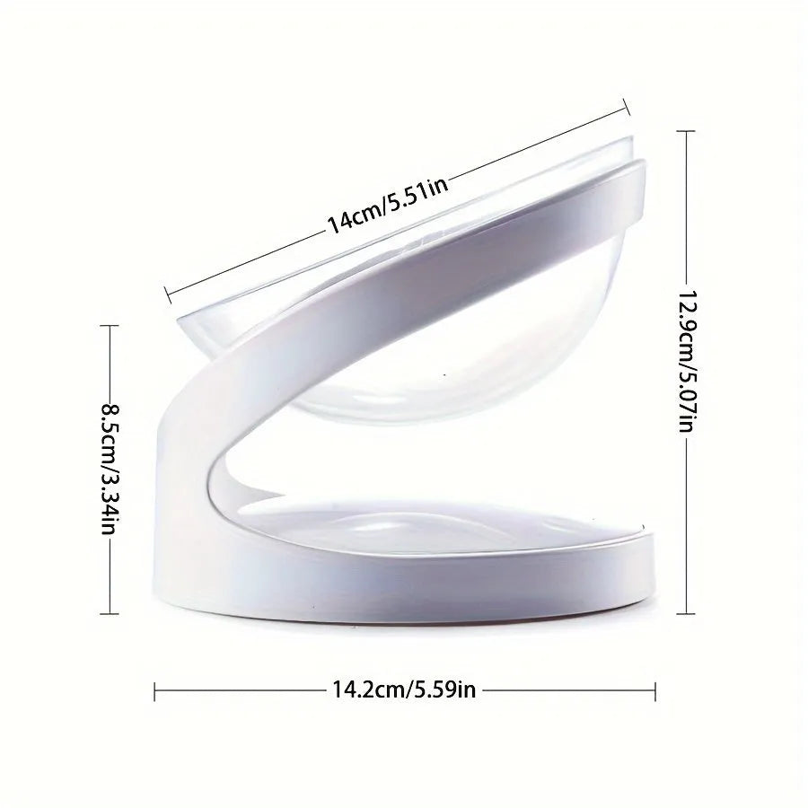 White elevated tilted plastic cat food bowl for ergonomic feeding.