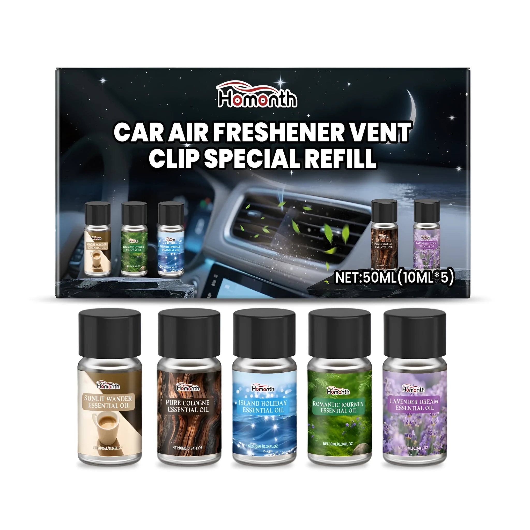 Set of five 10ml car air freshener refill bottles with cologne, ocean, vanilla, lavender, and citrus scents.