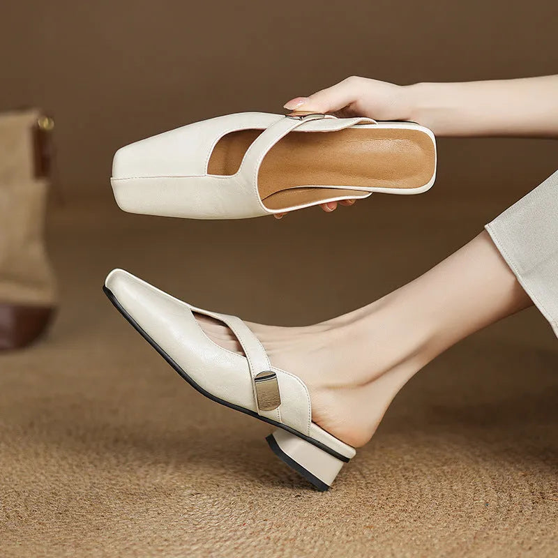 British-style square toe outdoor slippers in black, beige, and silver colours with low heel design