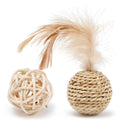 Two cat toys: rattan ball with bell and faux feather ball on rattan base for interactive feline play