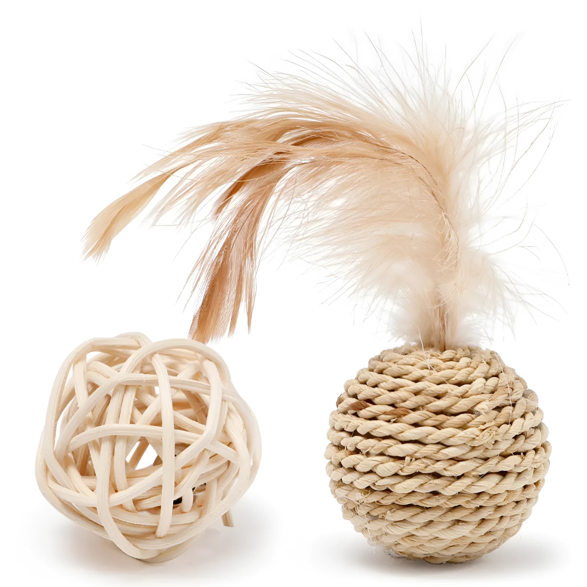 Two cat toys: rattan ball with bell and faux feather ball on rattan base for interactive feline play