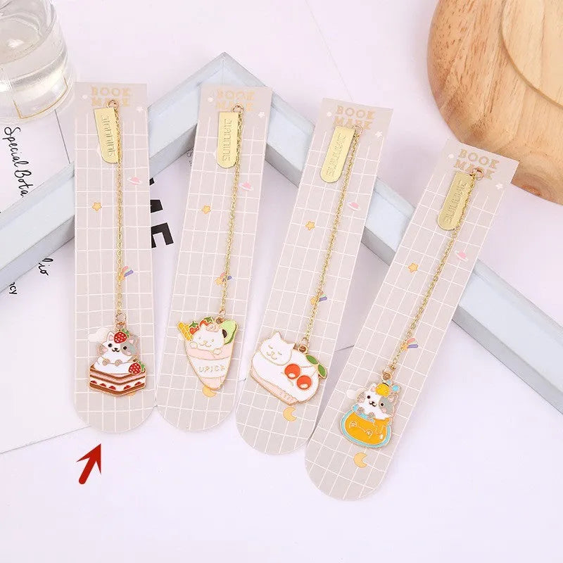 Jane Lime Foodie Cat metal bookmark with cartoon pendant in four colour variations on a white background.