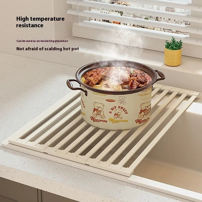 Milky white 304 stainless steel foldable kitchen draining rack over sink