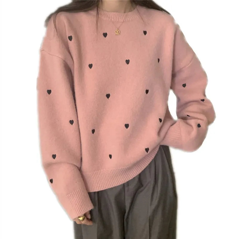 Women's acrylic pullover sweater with embroidered love pattern in loose fit with long sleeves