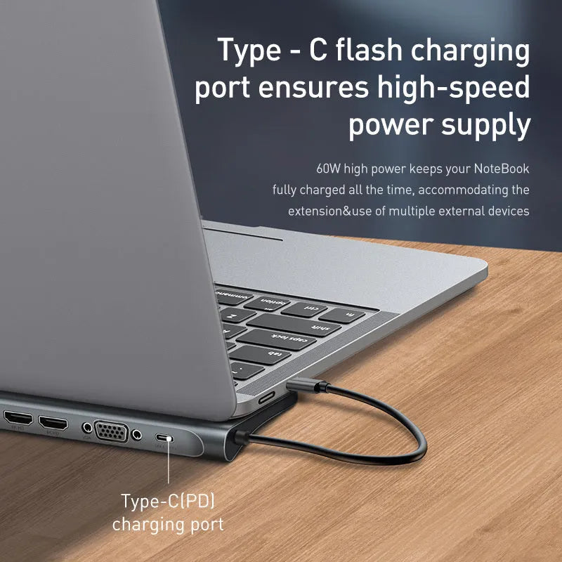 Grey aluminium 10-port docking station with cooling bracket showing HDMI, VGA, USB and Ethernet ports