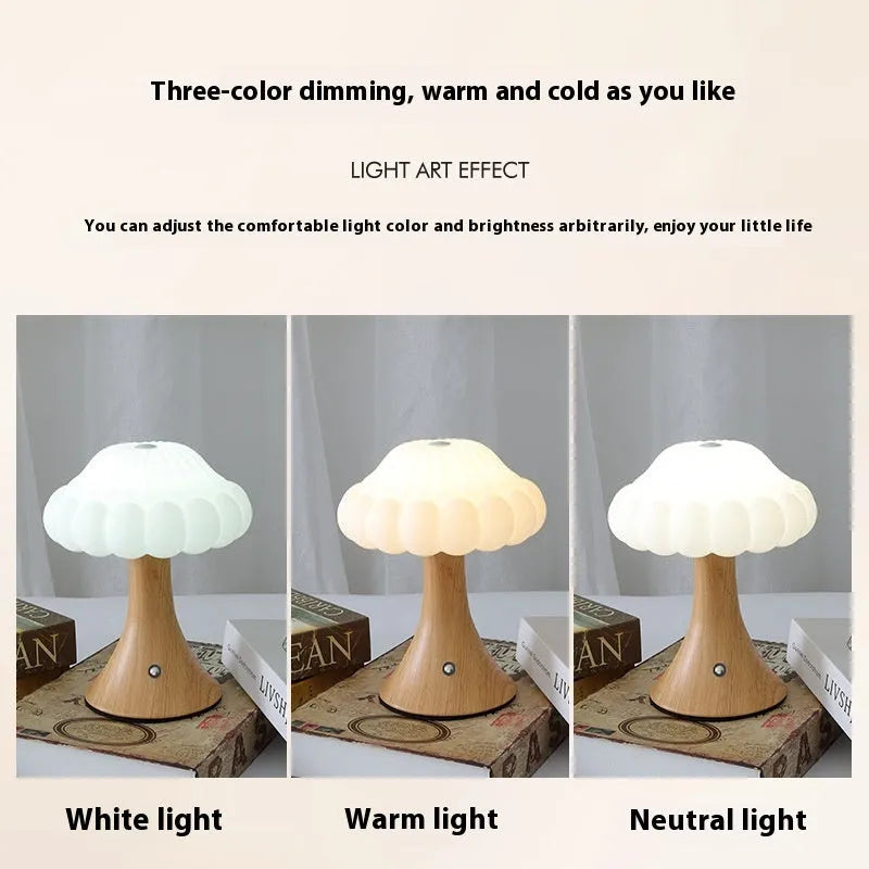 Mushroom-shaped touch control night lamp with USB charging port in wood grain colour