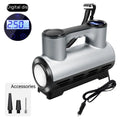12V portable car tyre inflator with pressure gauge and LED light on black background