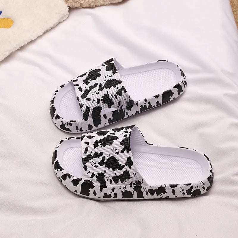 EVA material leopard print slippers with thick bottom design shown in multiple colour options