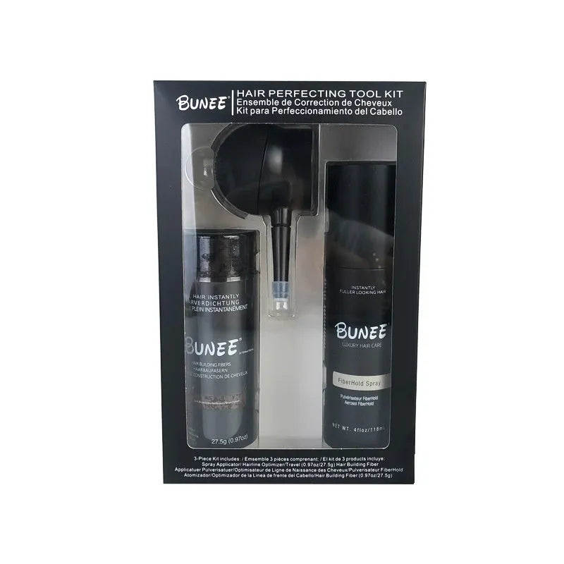 Dense hair fibre 275g three-piece kit including powder canister, special nozzle, and shaping spray bottle.