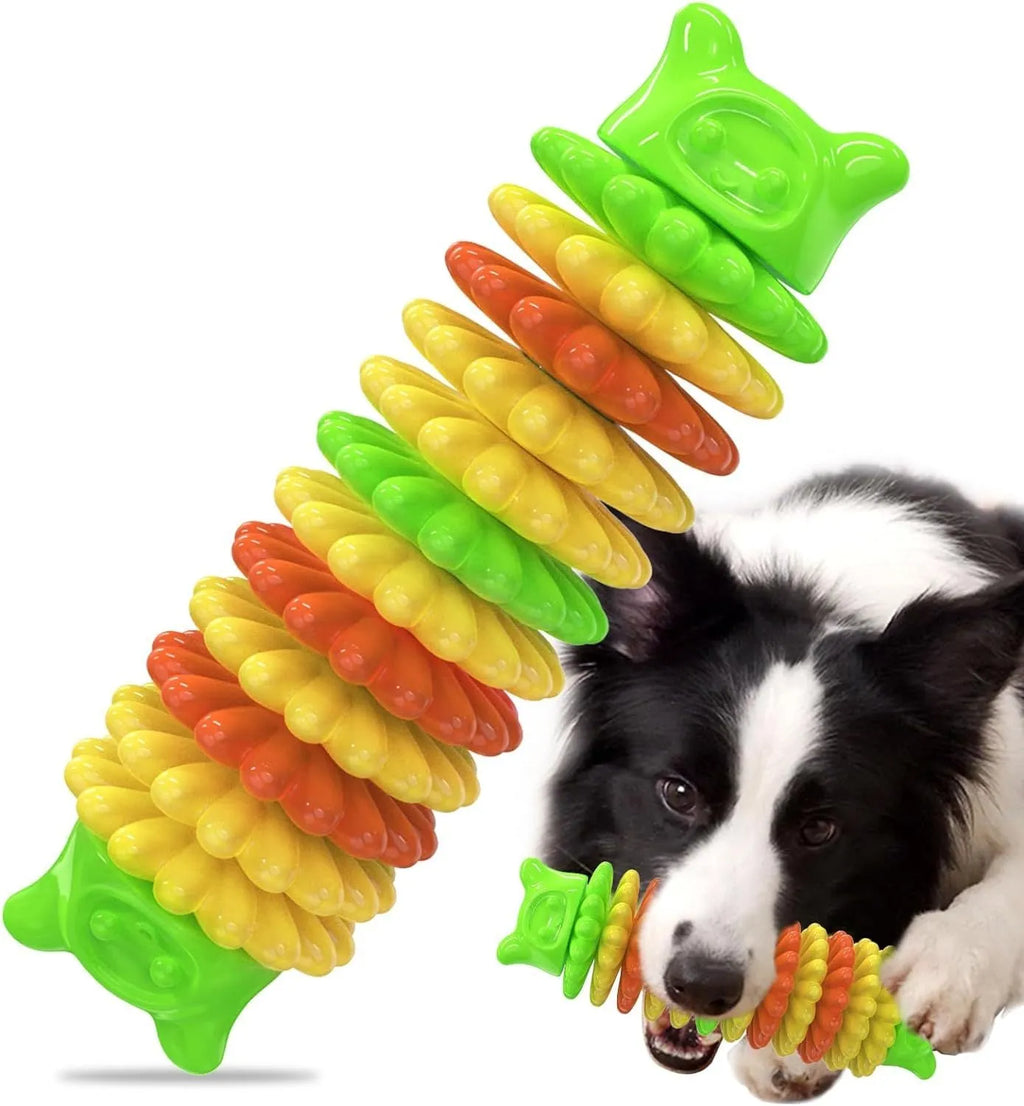 Blue natural rubber caterpillar-shaped chew toy for dogs on a plain background.