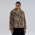 Women's leopard print coat with a buckle lapel and regular sleeves.
