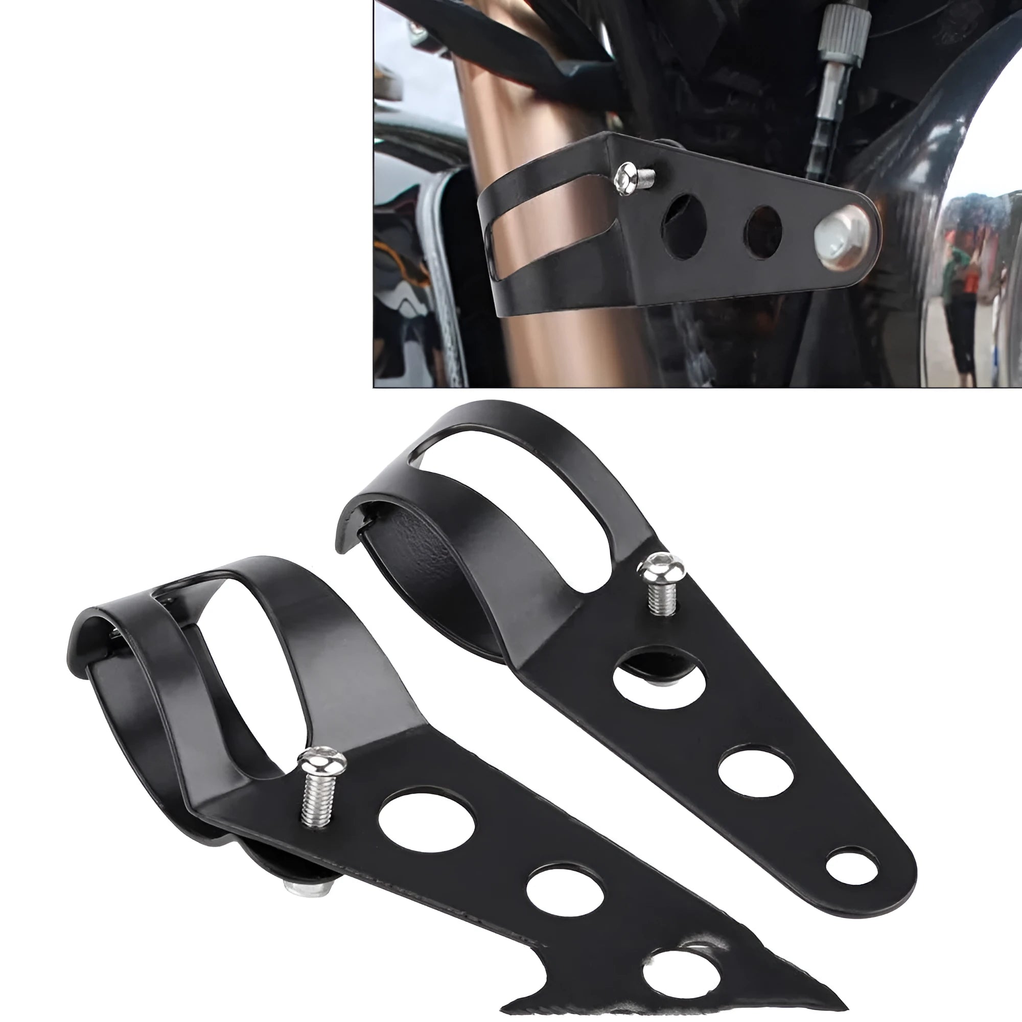 Pair of black iron motorcycle headlamp support brackets for retro modified headlights