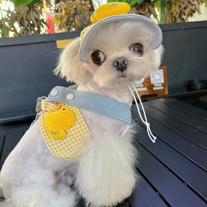 Pet harness and leash set with wire pulling rope and cute hat for dogs and cats