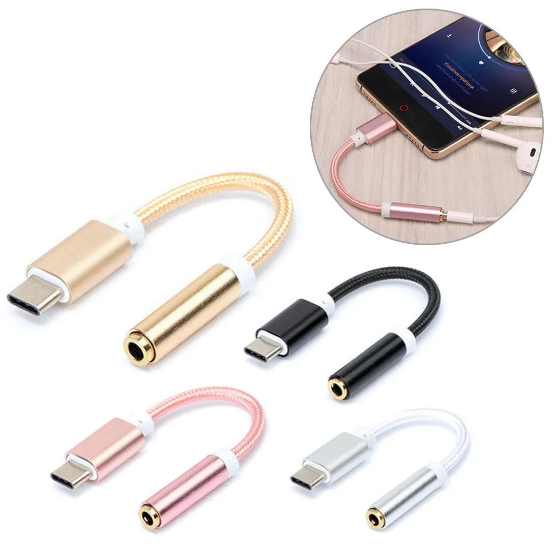 Type-C to 3.5mm audio adapter cable with nylon braided 12cm cable in four colour variants