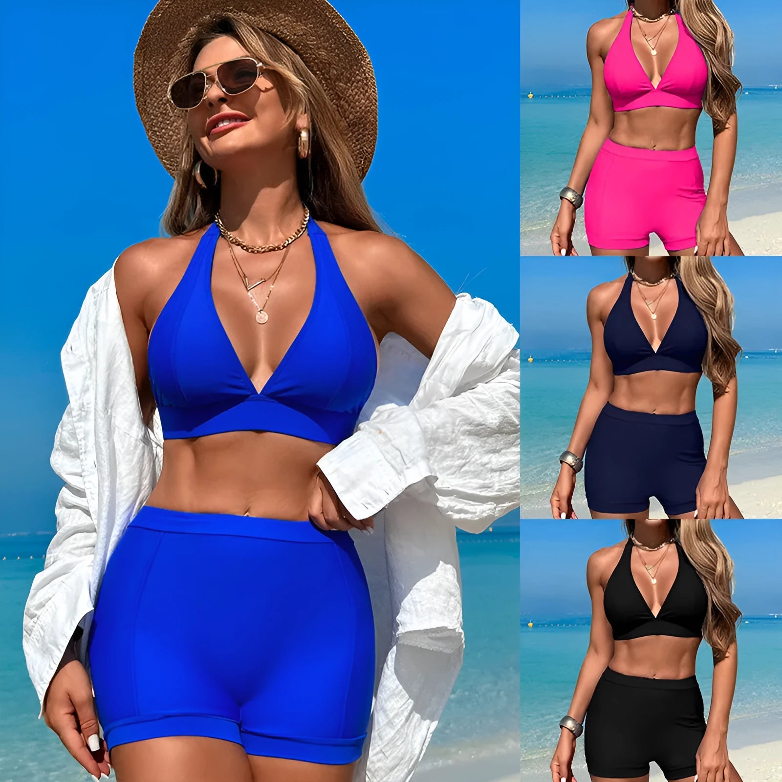 Women's split bikini swimsuit in nylon fabric with sleeveless design for swimming and hot springs