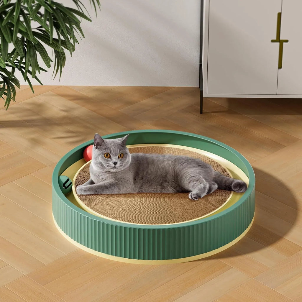 Large circular cat scratching board with built-in ball toys and replaceable cardboard core
