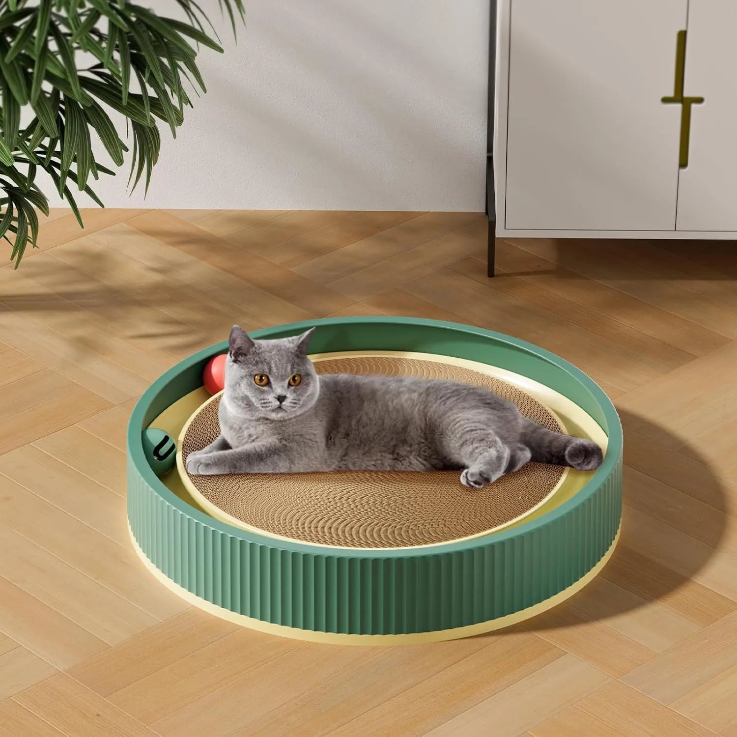 Large circular cat scratching board with built-in ball toys and replaceable cardboard core