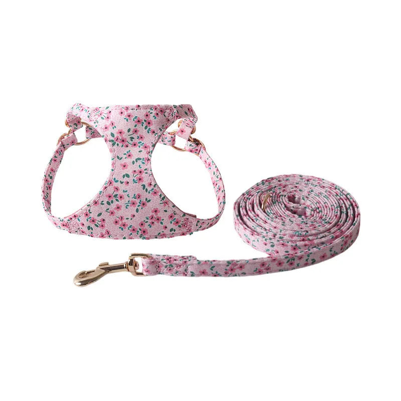 Floral series pet harness suit and leash set in cloth material with multiple colour options