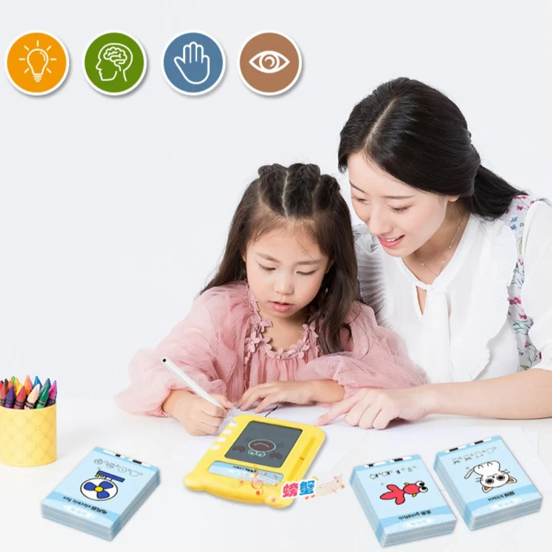 Yellow bilingual early learning machine with educational cards for toddlers