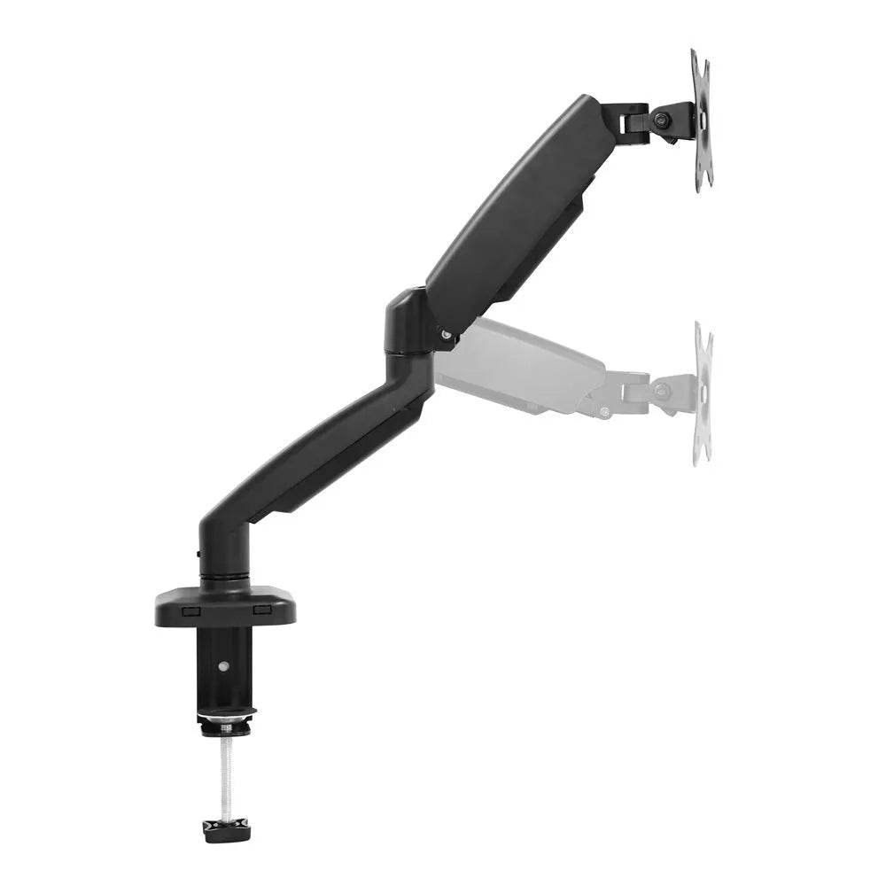 Black LCD screen rotating telescopic bracket elevated on a desk next to a monitor