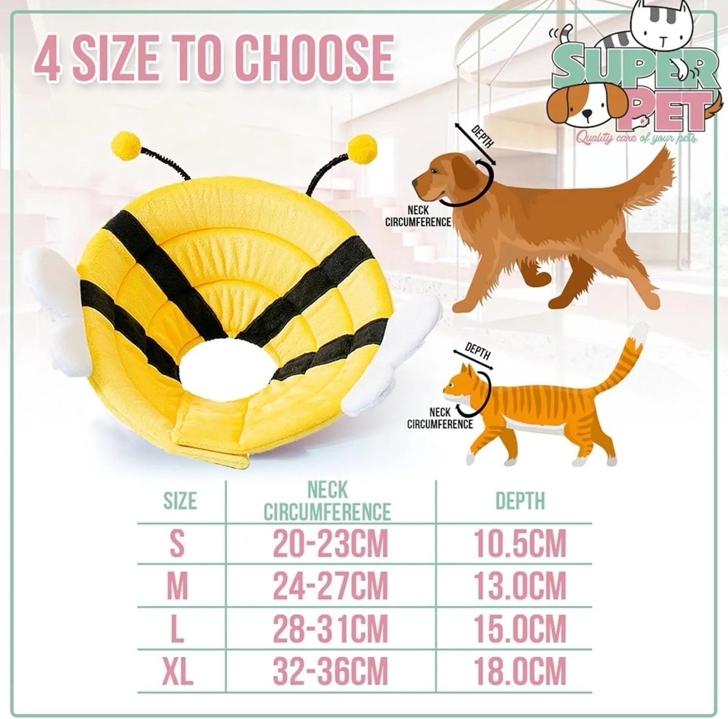 Soft cat cone collar with bee design showing Velcro closure and adjustable sizing