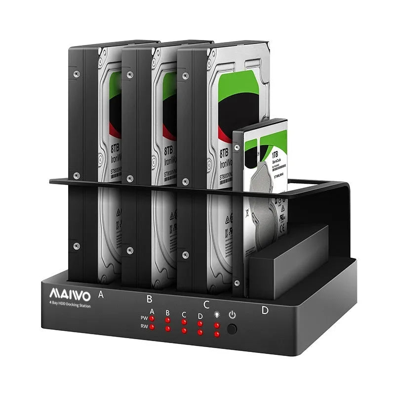 Four-bay external hard drive docking station with cables and four 2.5-inch drive brackets