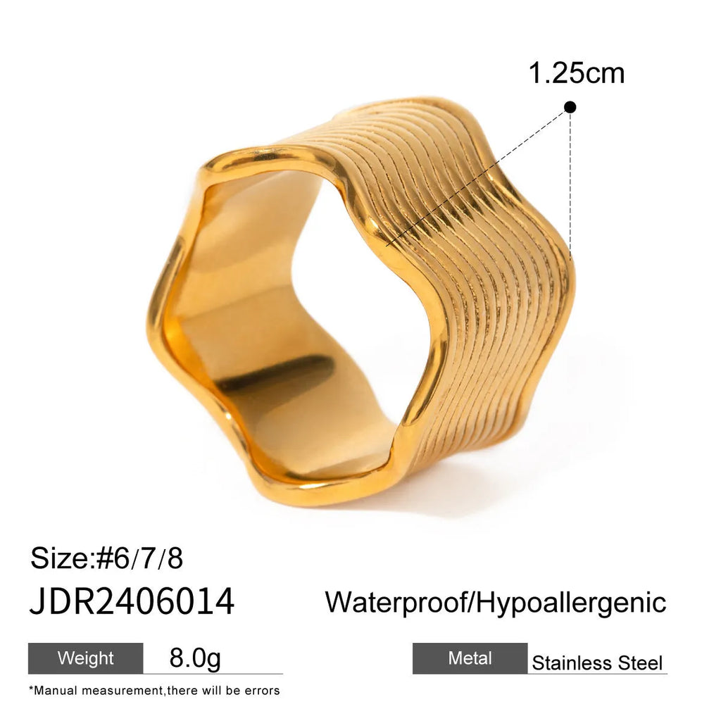Silver stainless steel wide band ring with a geometric wave pattern surface design.
