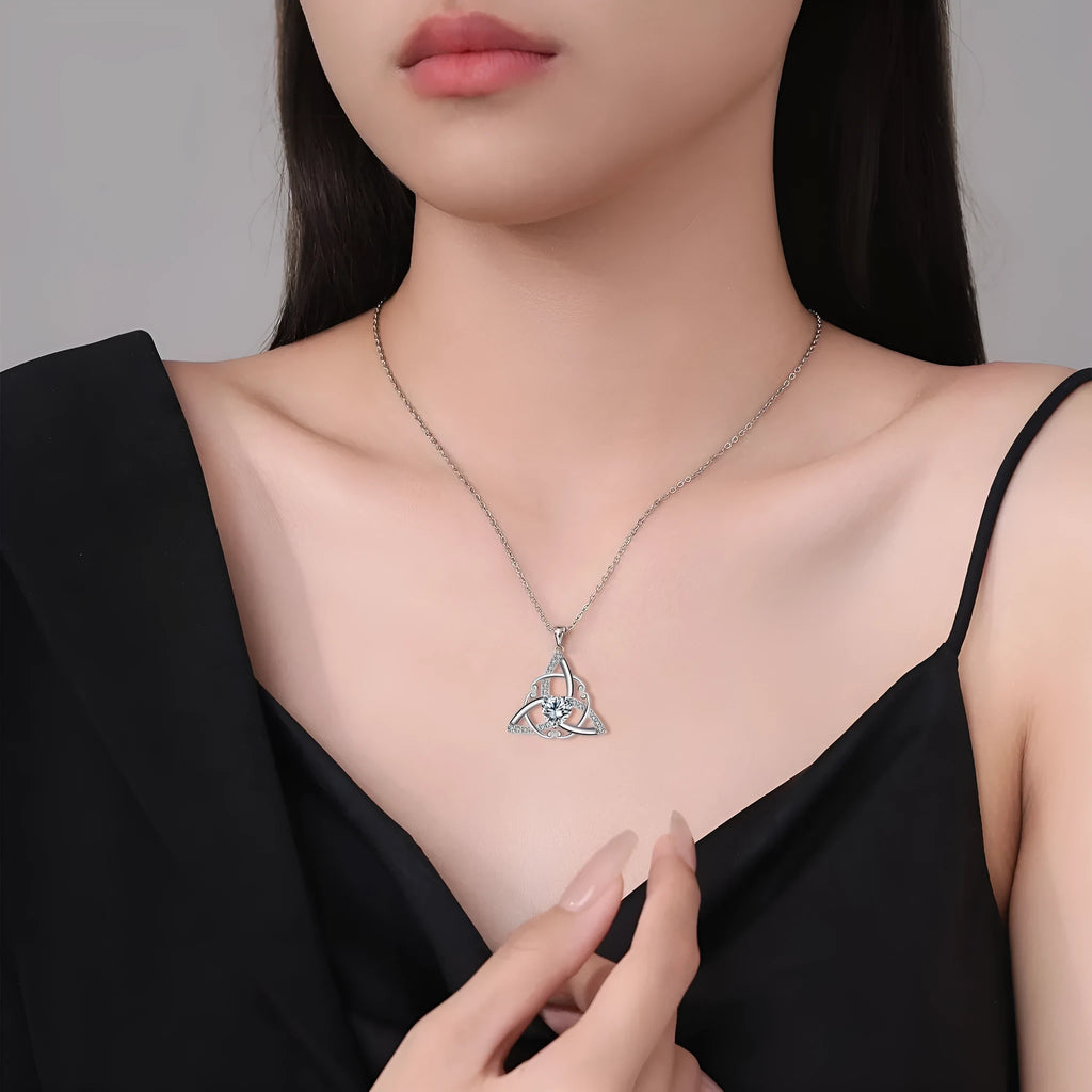 Celtic knot necklace with geometric copper pendant in four colour variations for women