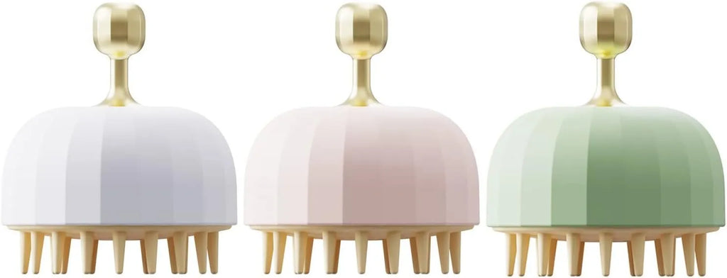 Green silicone double-sided pet bath massage brush with soft bristles on a bathroom counter.