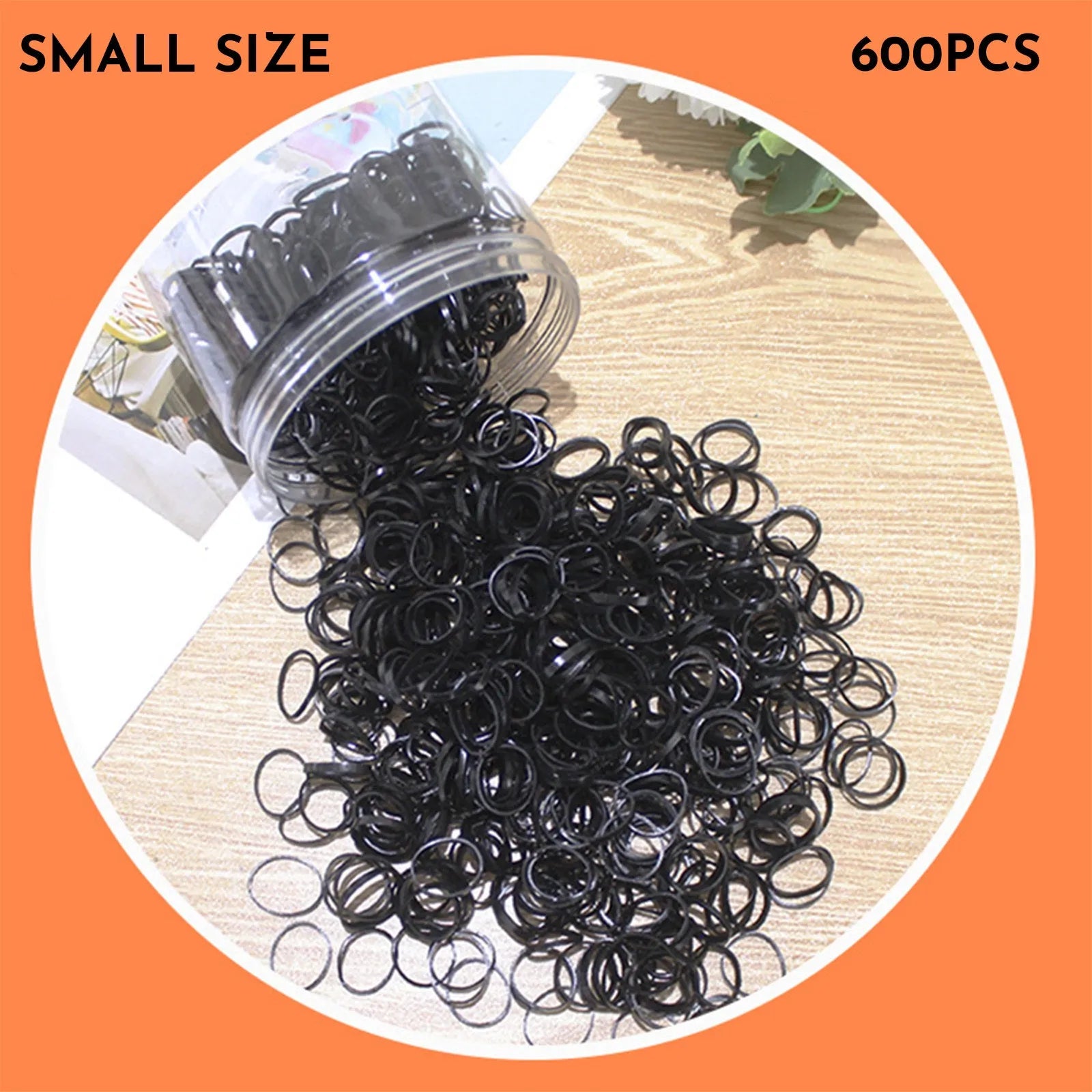Multi-colour TPU baby hair elastic bands spilling from a reusable container.