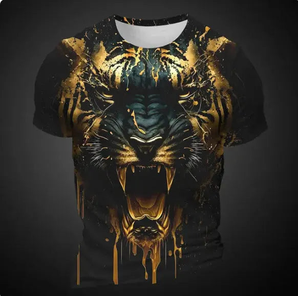 Men's grey T-shirt with a detailed 3D tiger head pattern printed on the front.