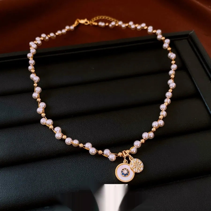 Golden white real gold electroplated necklace with geometric round zircon pearl pendant on adjustable clavicle chain