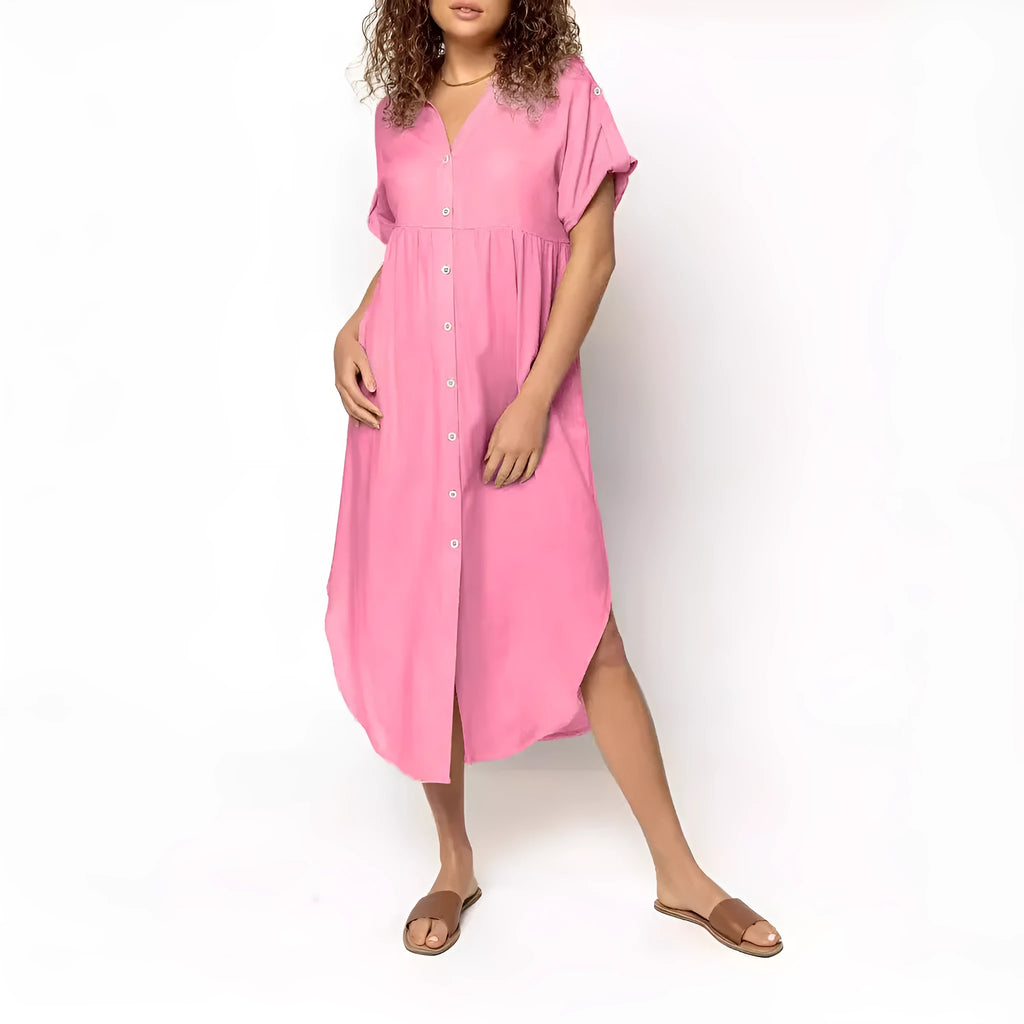 Loose fit solid colour mid-length casual dress with button front detail on a hanger