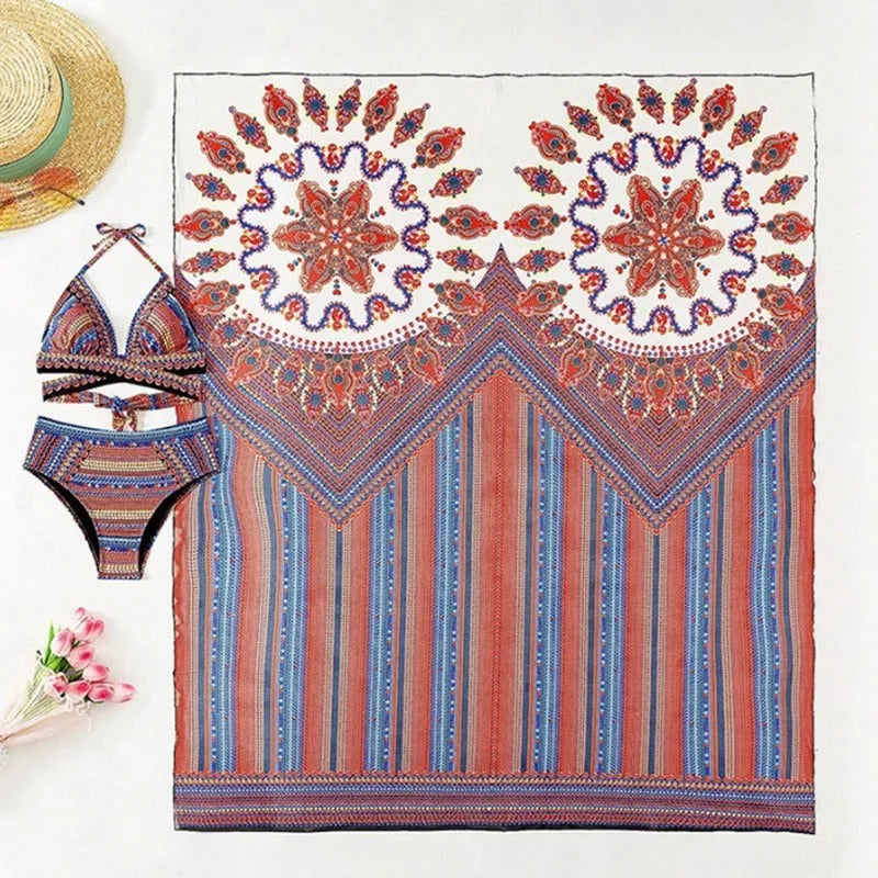 Women's three-piece swimsuit set showing high-waisted briefs, sleeveless cutout top, and coordinating coat