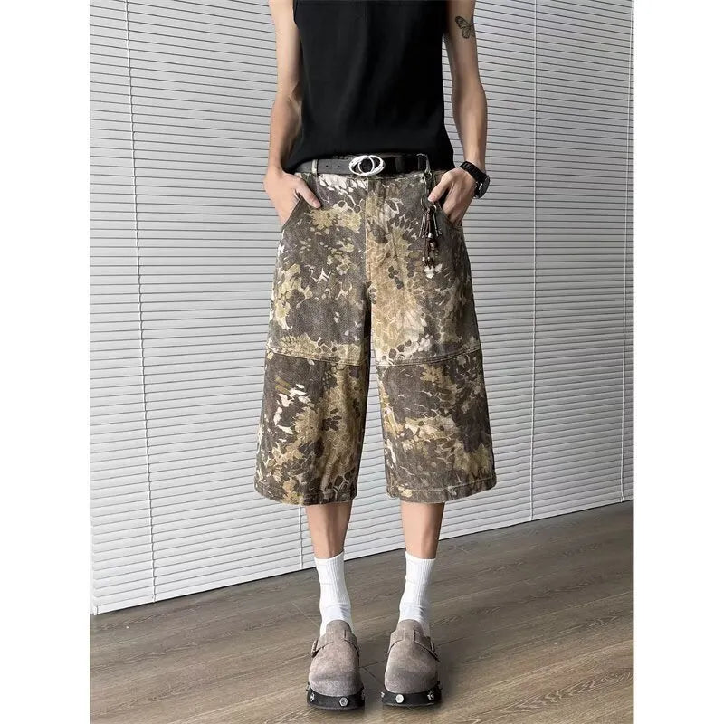 Yellow women's jeans with snake camouflage pattern, cropped length, cotton denim fabric