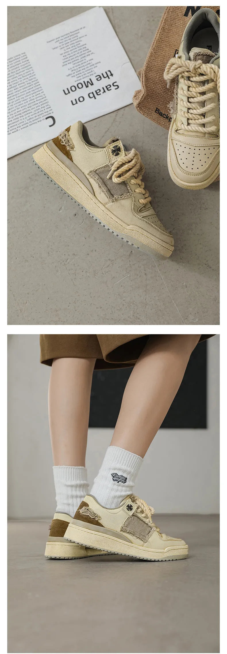 Beige vintage skateboard shoes with patch design, low-top cut, and round toe