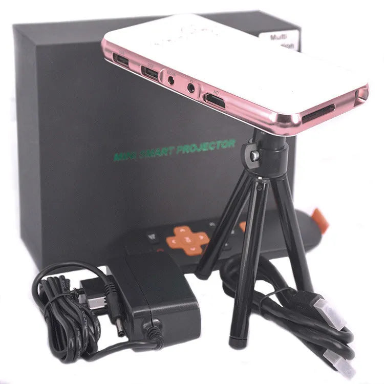 White and rose gold M6S mini portable DLP Android projector with compact dimensions