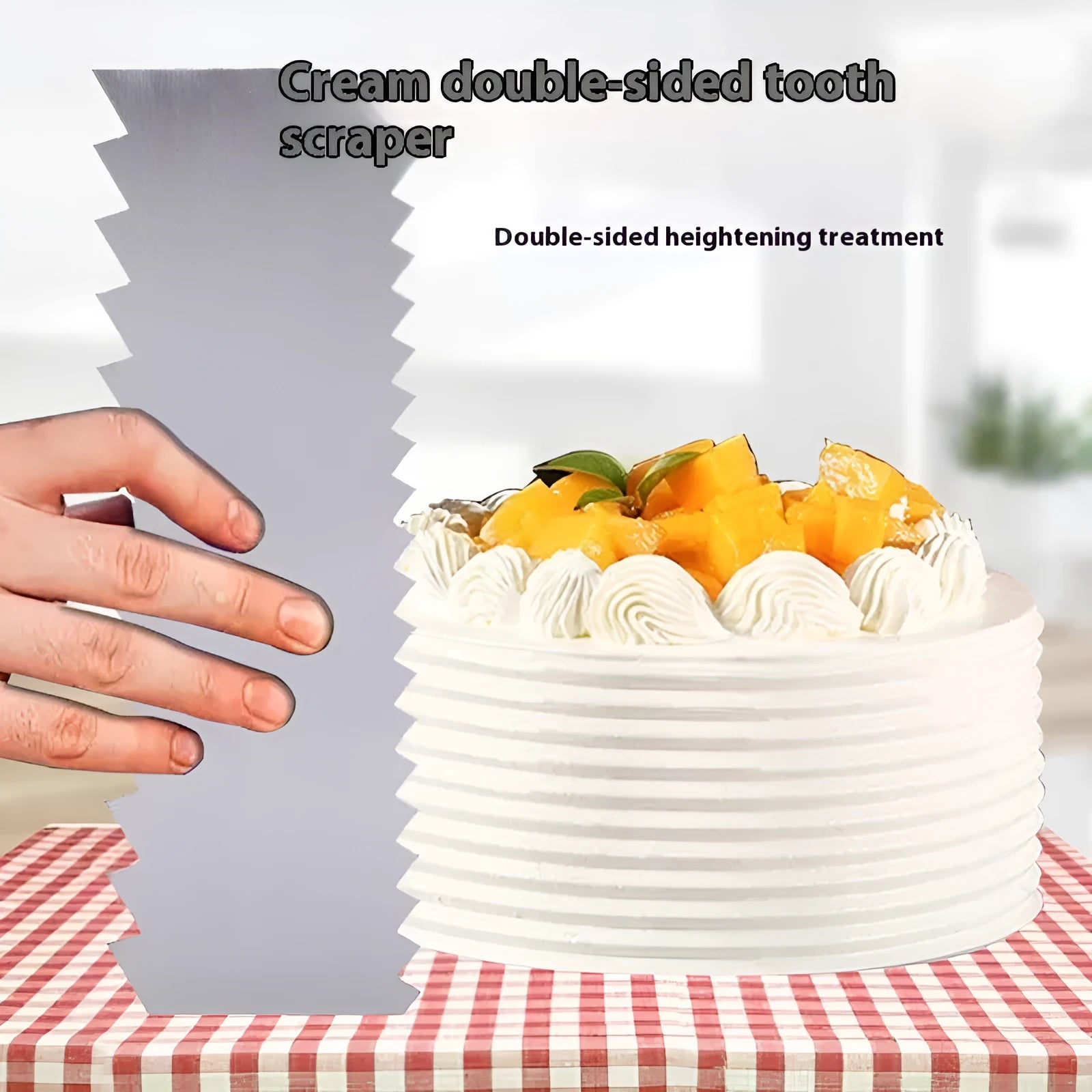 Stainless steel cake scraper with geometric polygon patterns for cream application